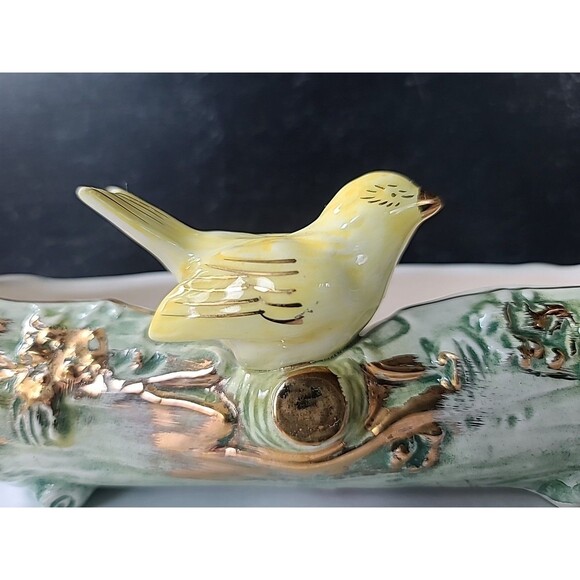 Ucagco Yellow Bird Ceramic Planter, Green Tree Trunk with Gold Gilding, Japan Vi - Picture 3 of 10